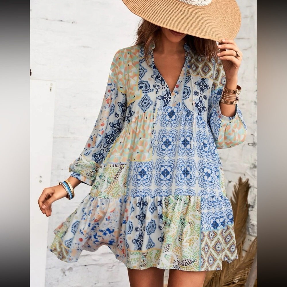 Patterned Floral Print Long Sleeve Ruffle Hem Dress